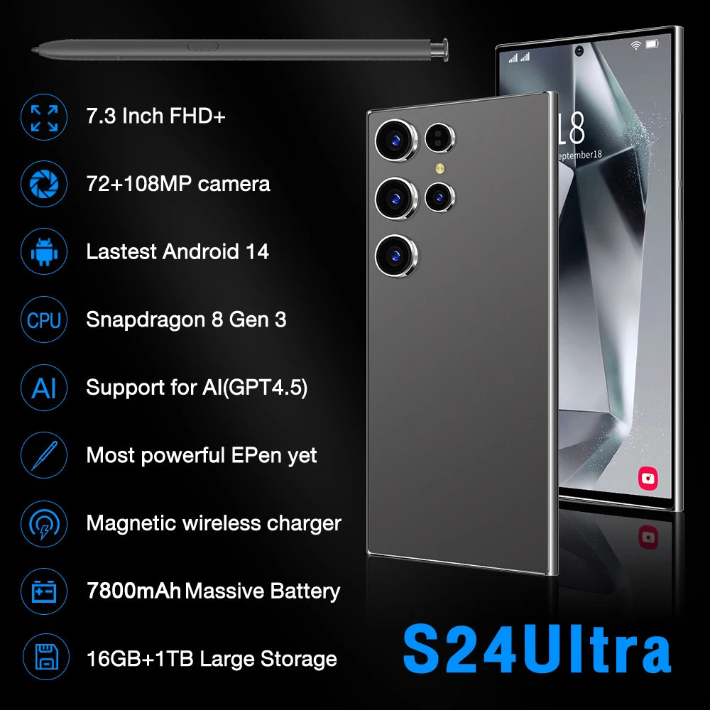 Hot Selling S24 ULTRA Original 16GB+1TB 50MP+108MP Multi Function Full Screen Mobile Phones 5g Mobile Smart Phone Tidesmit