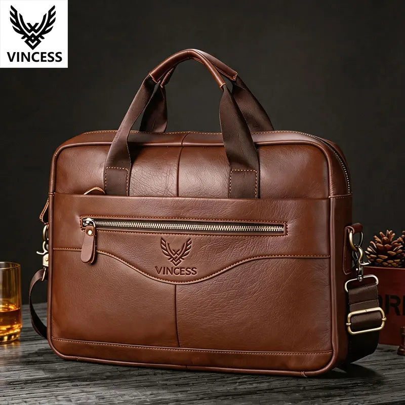 VINCESS brown leather business briefcase with zipper, top handles, and adjustable shoulder strap for men.