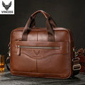 VINCESS brown leather business briefcase with zipper, top handles, and adjustable shoulder strap for men.