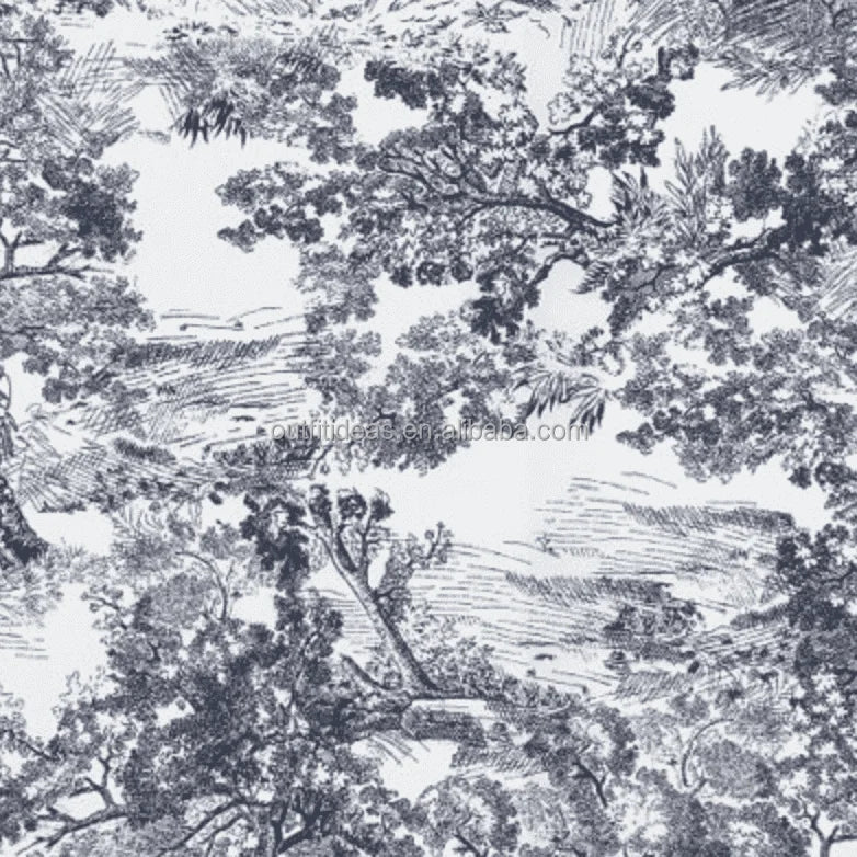 Luxury black and white toile de jouy print silk scarf featuring a detailed landscape forest pattern.