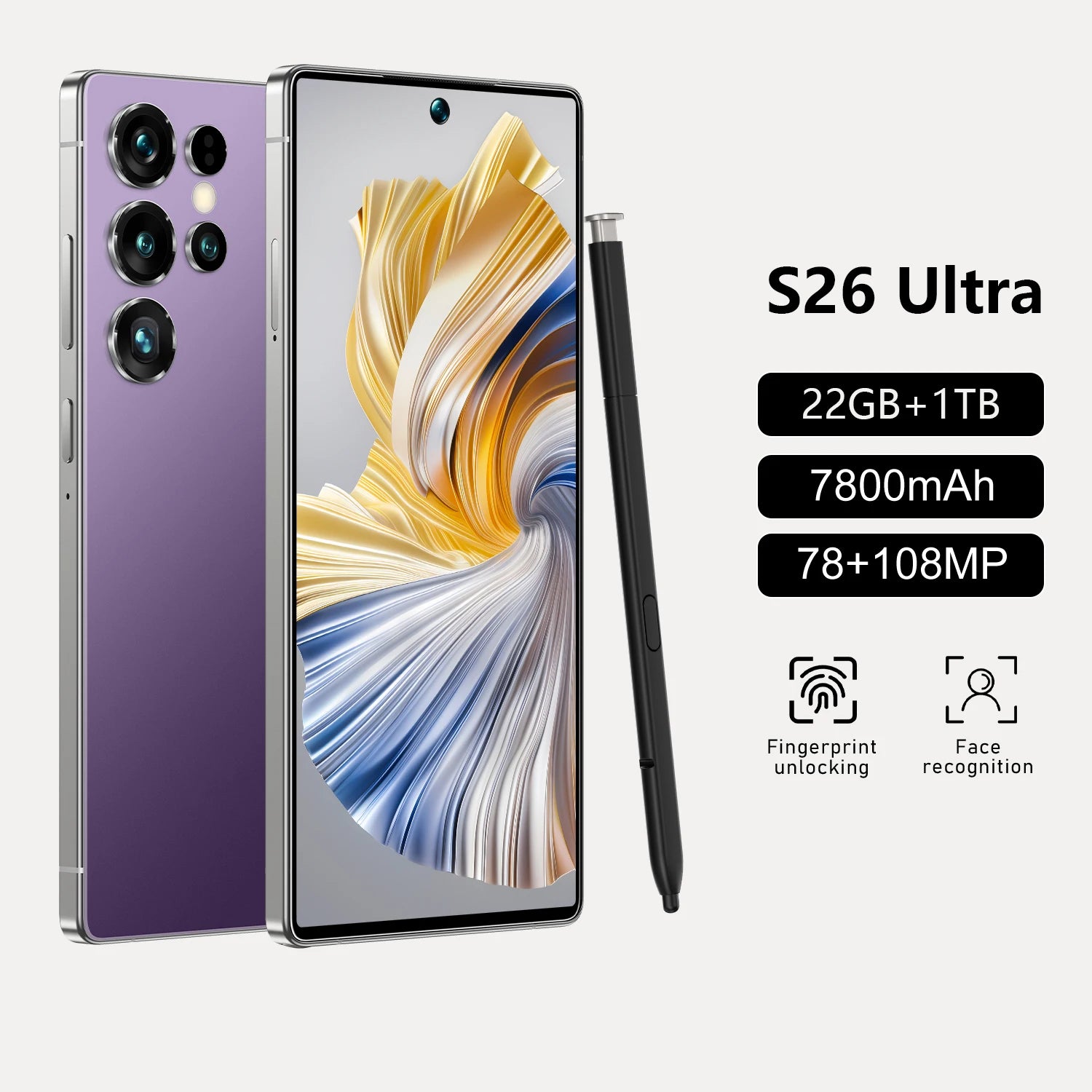 Android 14 5G Smartphone 7.3 Inch 22GB RAM 1TB Storage Purple 22GB 1TB Tidesmit