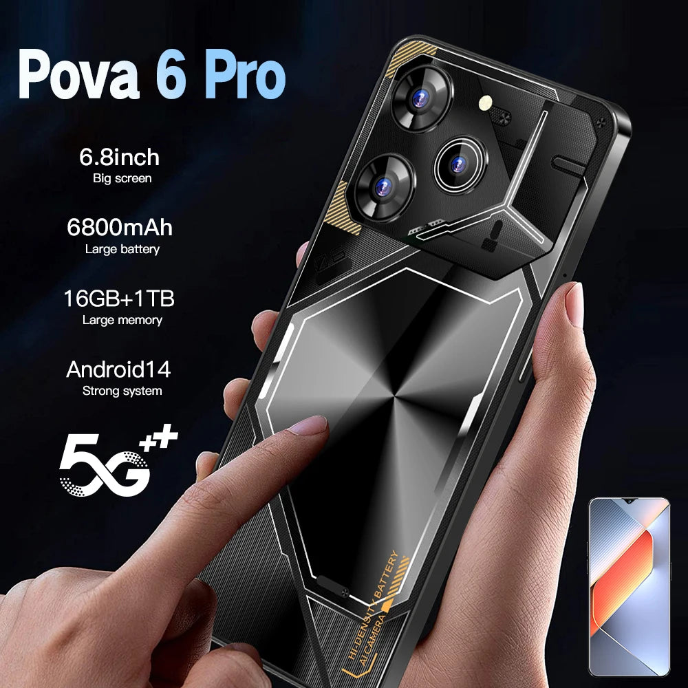 Unlocked Pova 6 Pro 5G Smartphone 16GB RAM 1TB ROM Long Battery Life Dual SIM Android Smart 5G Phone Black 16g 1TB Tidesmit