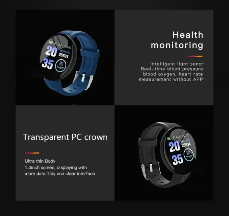 Reloj Intelligent Waterproof Upgraded SmartWatch D18 Blood Pressure Heart Rate Sleep Monitoring Fitness Tracker D18 Smart Watch - Tidesmit