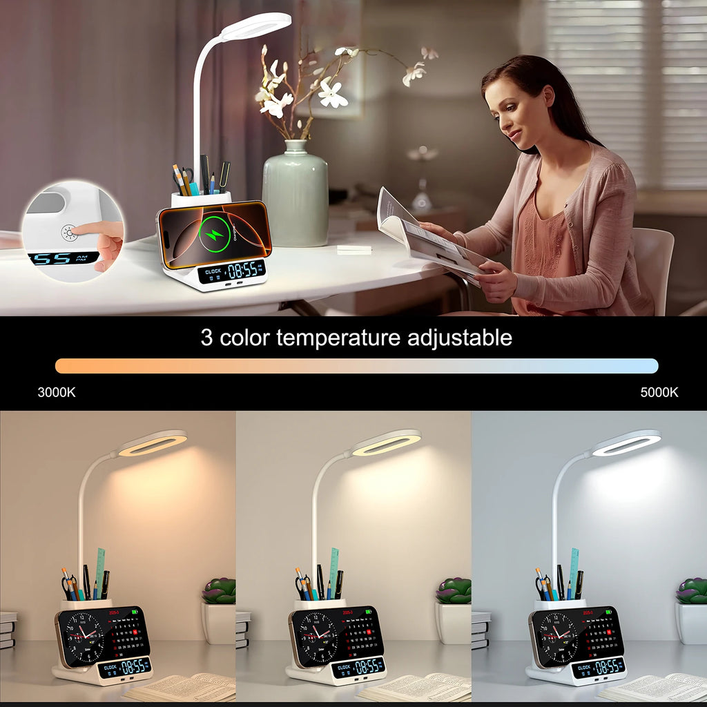 New Arrival 5-in-1 Multifunctional Wireless Charger Desk Lamp with Pen Holder Clock Display Sleek Design for Home Office Tidesmit