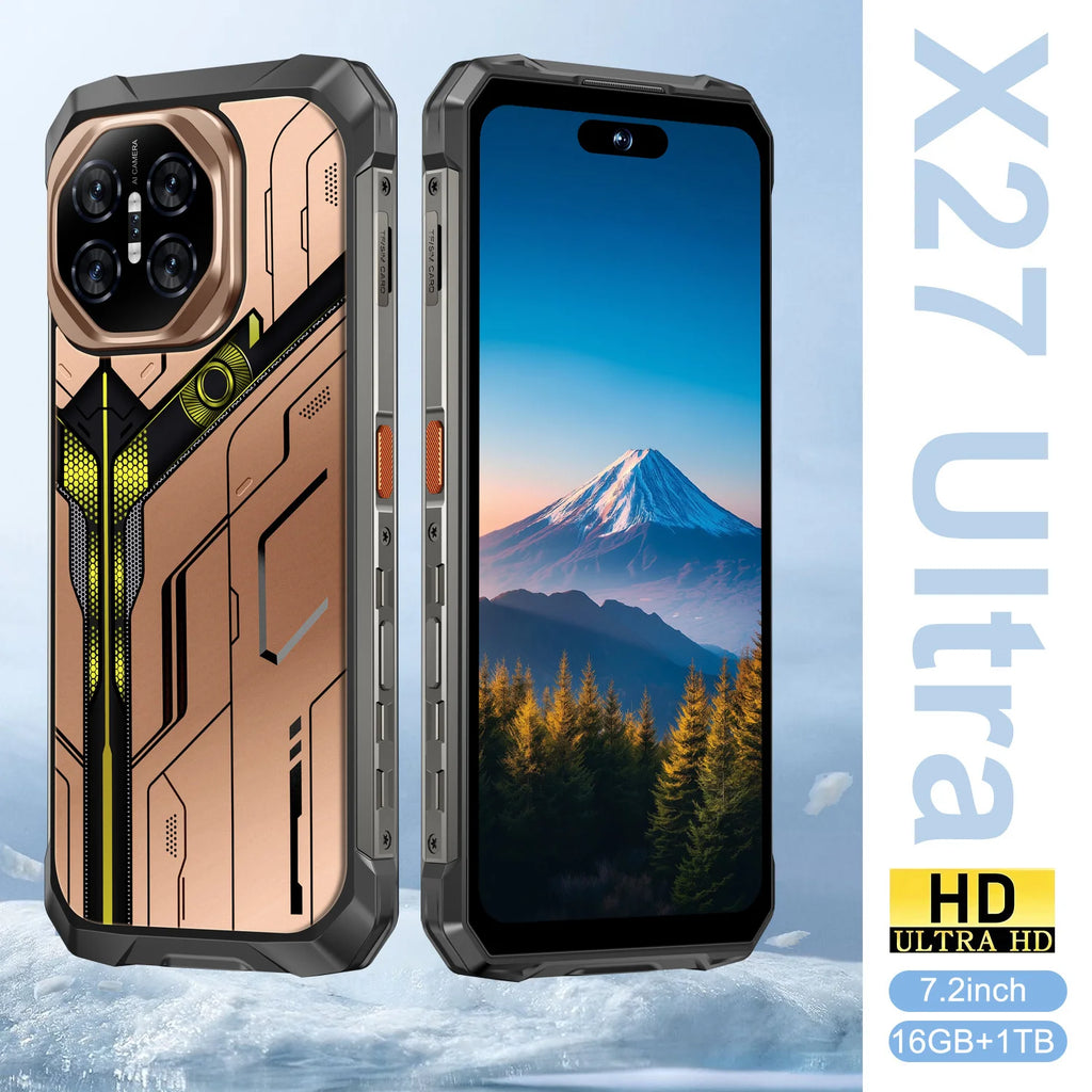 Tidesmit X27 Ultra 5G smartphone with 7.2 inch screen, high-speed RAM, large storage, waterproof and shockproof design.