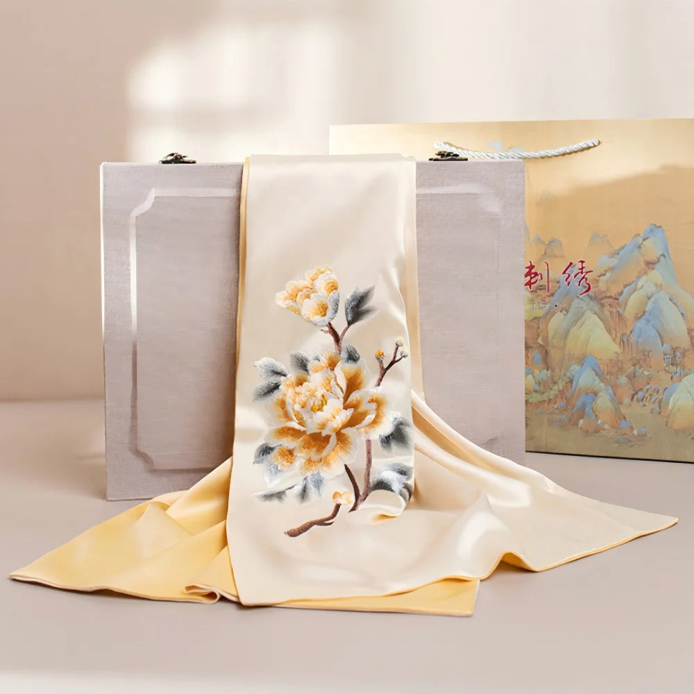 Classic Oriental Gift Set: Embroidered Silk Scarf with Brooch