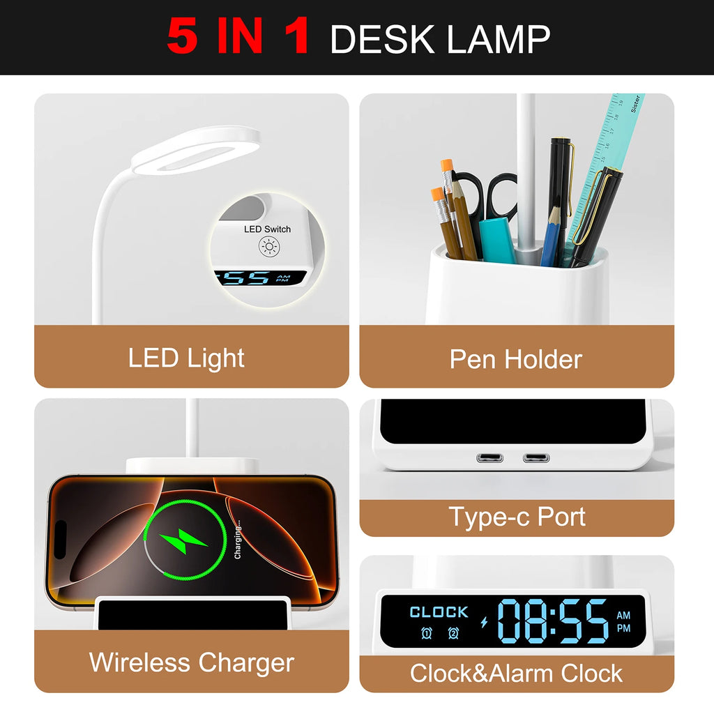 New Arrival 5-in-1 Multifunctional Wireless Charger Desk Lamp with Pen Holder Clock Display Sleek Design for Home Office Tidesmit
