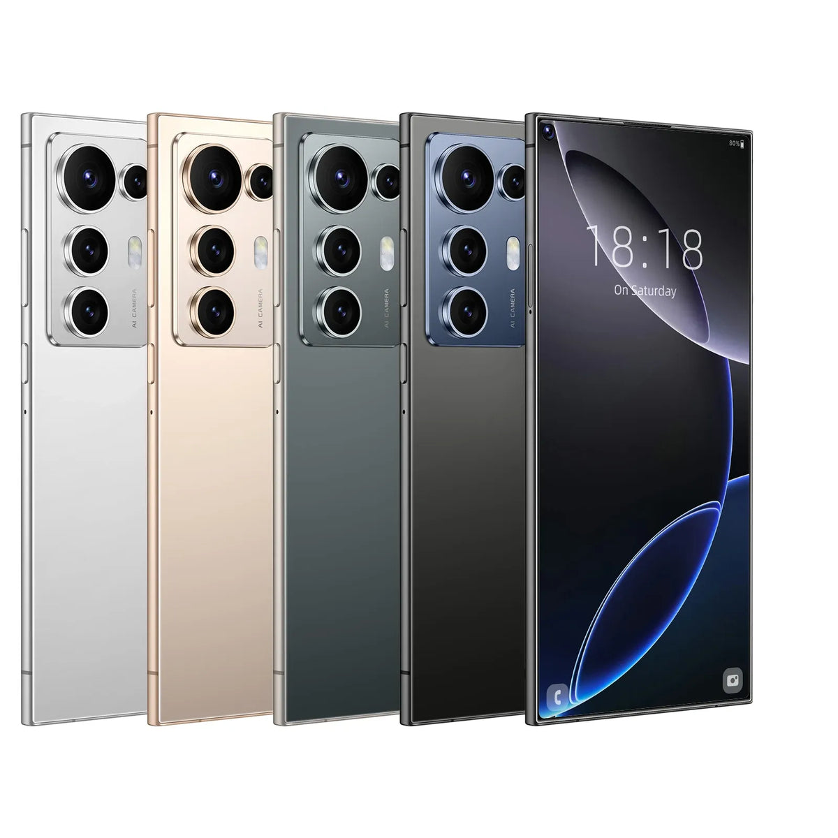 Five S26 Ultra 5G smartphones in white, gold, green, blue, and black, triple rear cameras