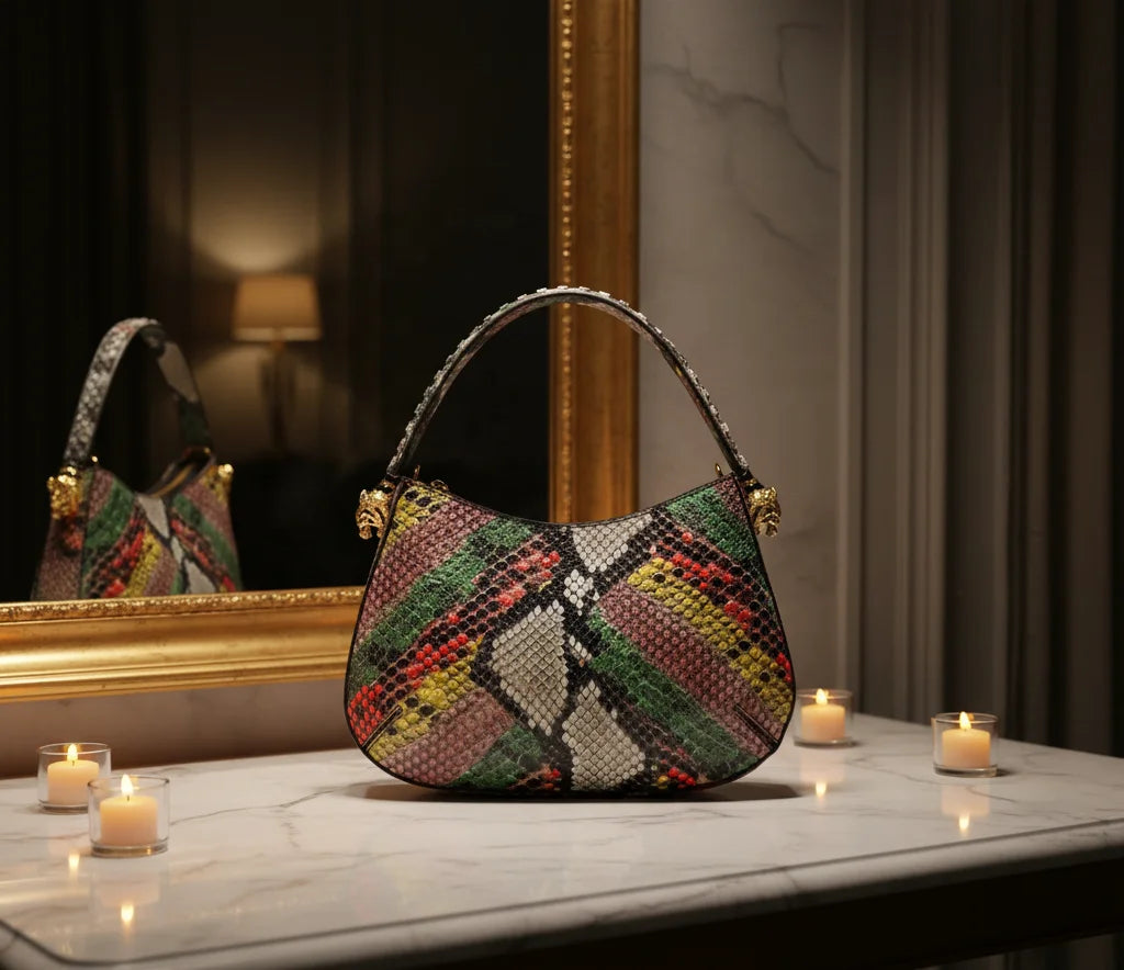 Multicolor faux snakeskin designer shoulder bag, 32cm, featuring gold lion-head hardware and chic bohemian print.