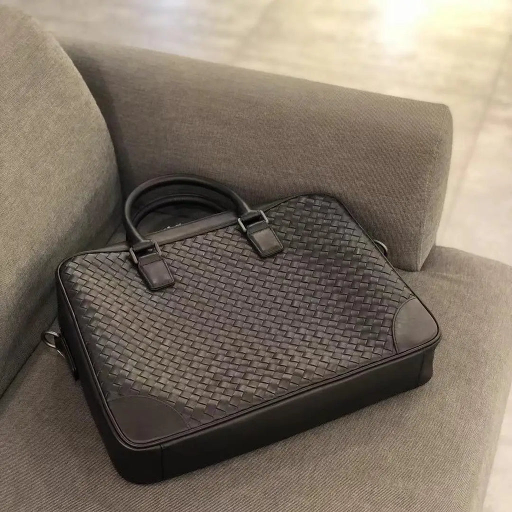 Luxury black hand-woven genuine cowhide leather executive briefcase, 14-inch designer laptop bag with top handles.