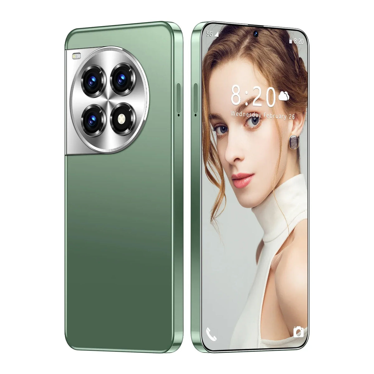 Smartphone pair: green back and front with quad rear camera module; portrait display