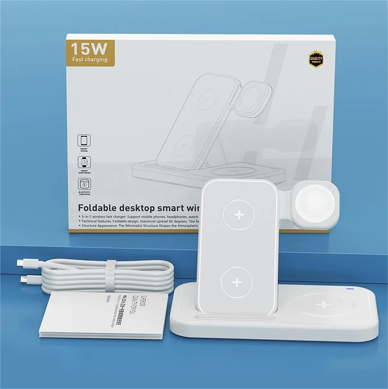 Shenzhen Factory's 3-in-1 15W/5W/3W Foldable Wireless Charger Holder for Smartphones Smart Watches Direct Multifunctional Device Tidesmit