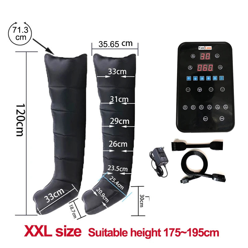XXL air compression leg recovery boots with digital control unit, power adapter, and measurement dimensions infographic.