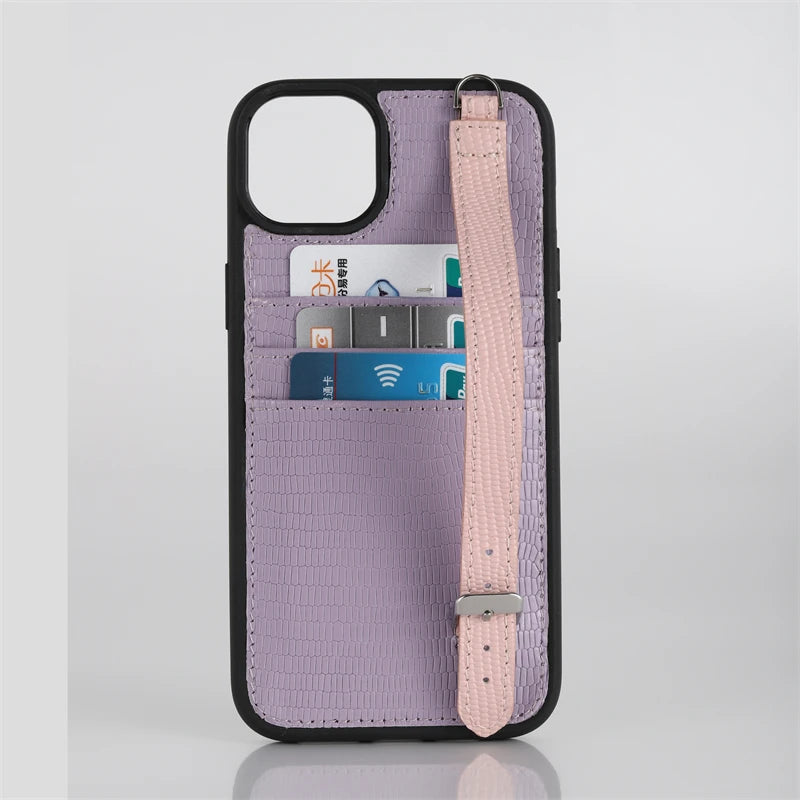 Custom Newest Luxury Brand Leather Mobile Phone Cases Cover With Credit Card Slots Holders Strap Crossbody for Iphone 14 Pro Max Purple with pink OPP Bag Tidesmit
