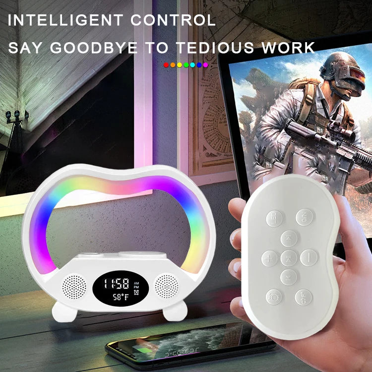 Multifunctional G Shape Wireless Charger Led Lamp Alarm Clock RGB Night Light 15W Phone Wireless Charger and Speaker Lamp Tidesmit
