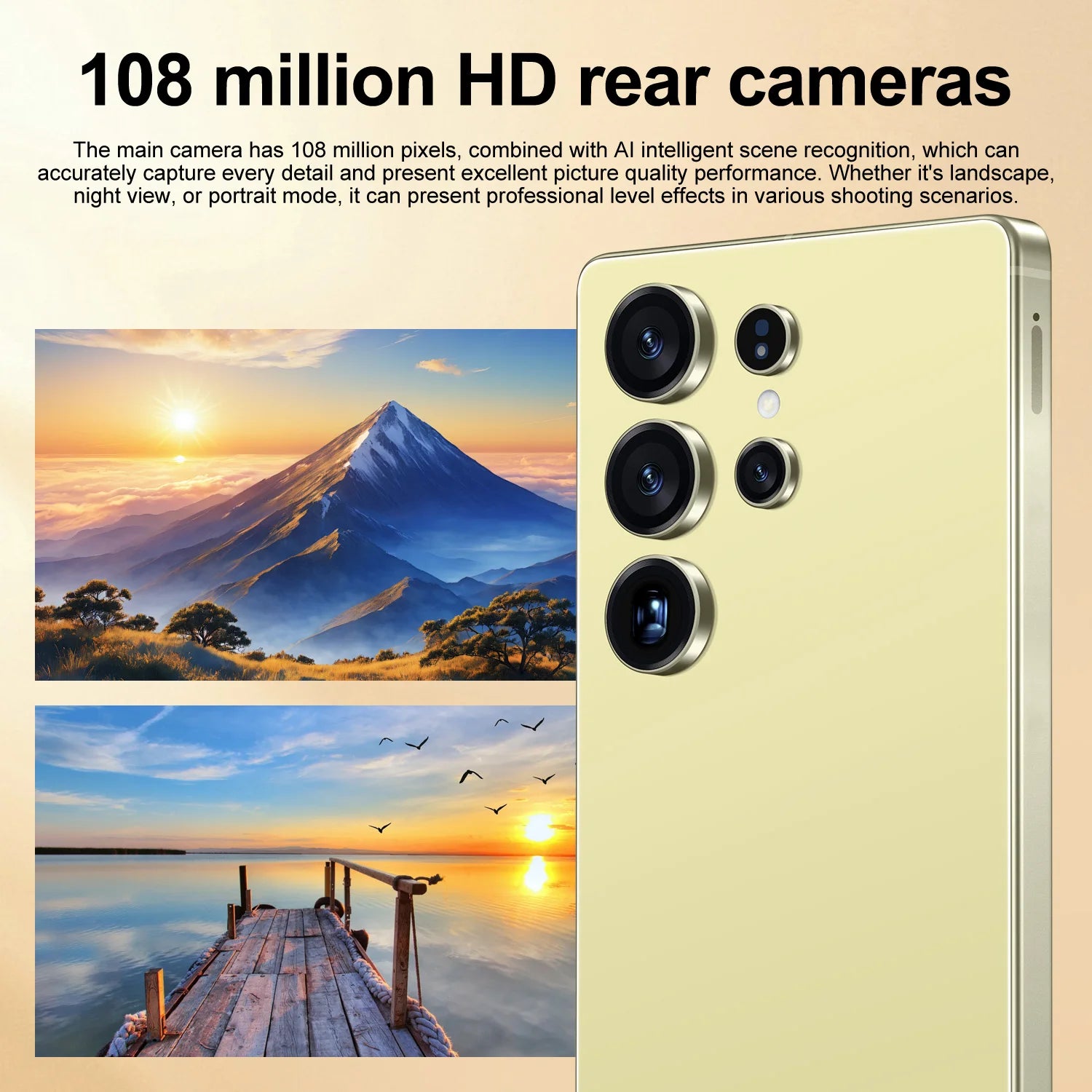Tidesmit S26 Ultra 5G smartphone with 7.3-inch HD screen, 16GB RAM, 1TB storage, and 108MP camera in Spanish.