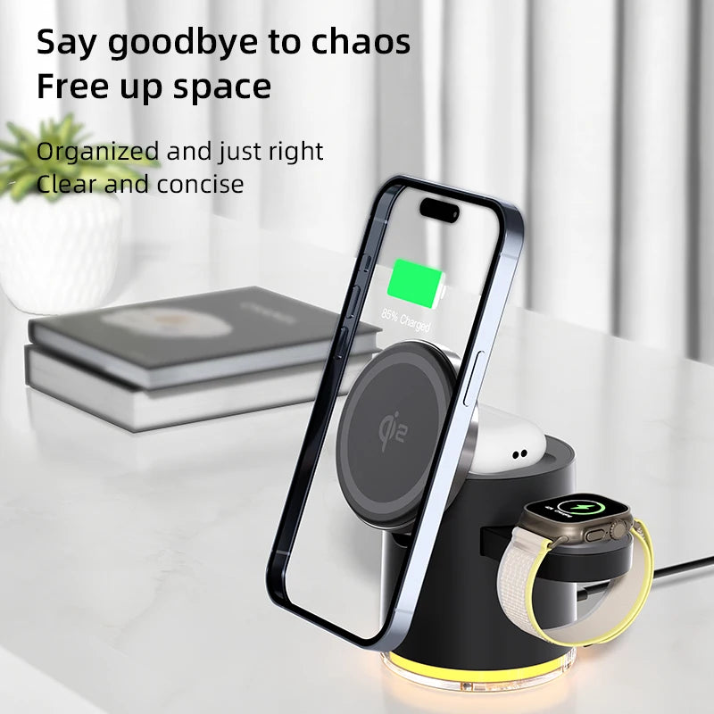 Customizable Portable 4-in-1 Foldable Wireless Charger Mobile Phone Desktop Multifunction with Integrated LED Lamp Tidesmit
