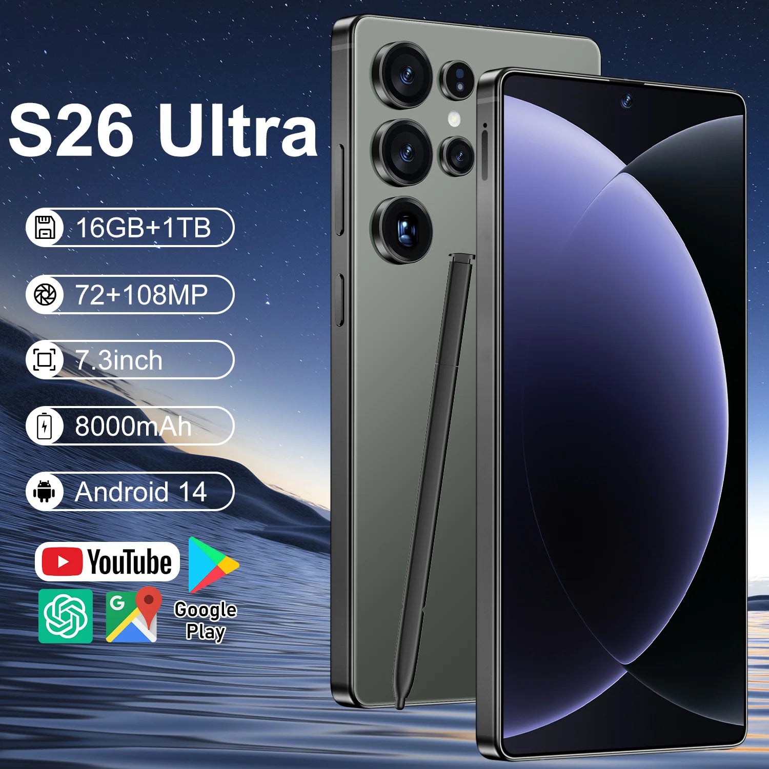Tidesmit S26 Ultra 5G Smartphone with 7.3-inch HD screen, 16GB RAM, 1TB storage, and dual 72+108MP HD cameras.