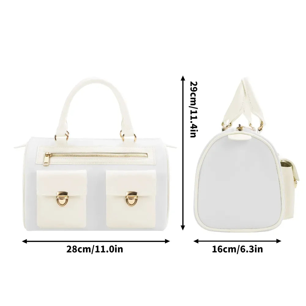 White PU leather designer tote handbag with front pockets, gold hardware, zipper closure, and side view dimensions.