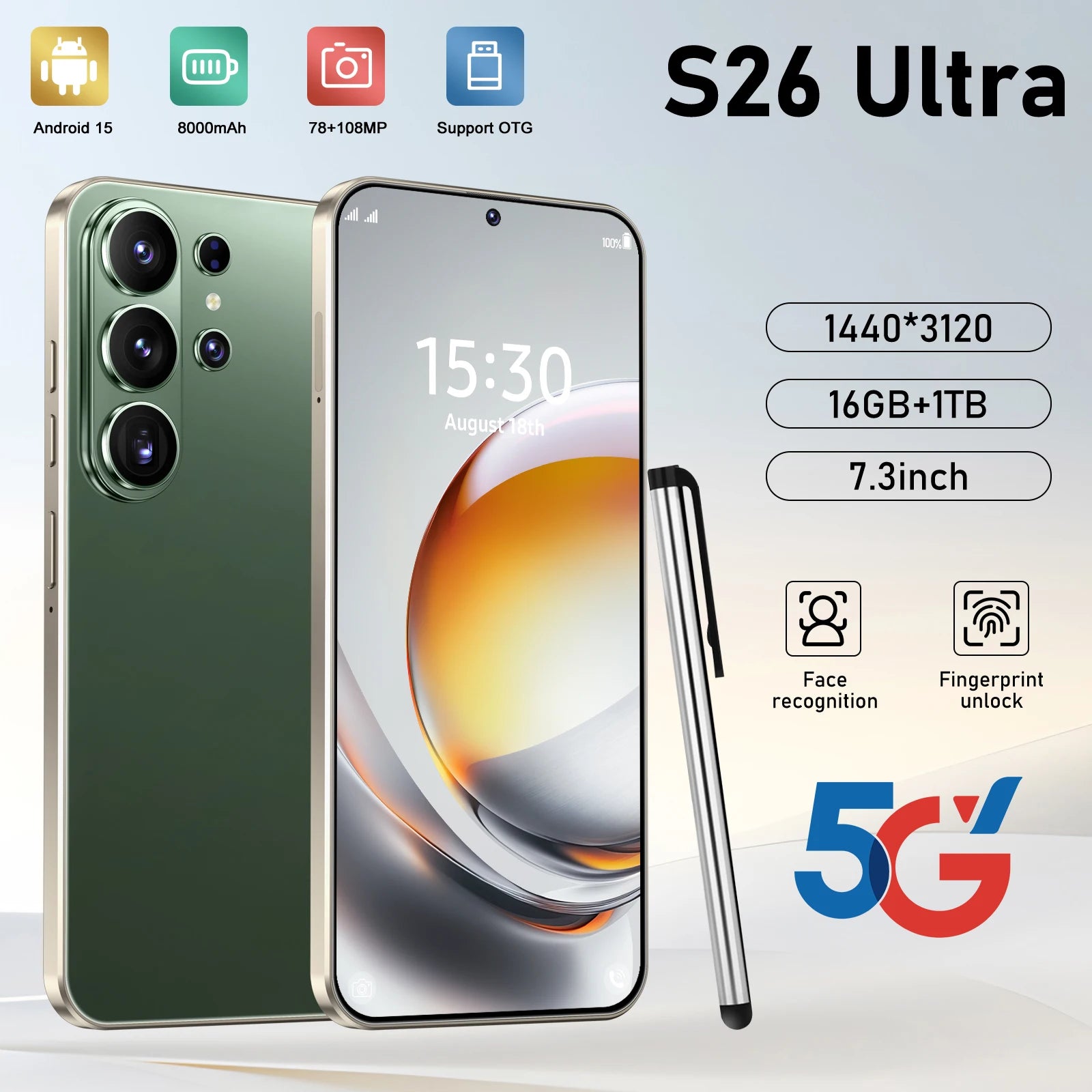 Original S26 5G smartphone with 7.3 inch HD screen, 16GB RAM, 1TB storage, 8000mAh battery and 48MP dual camera.