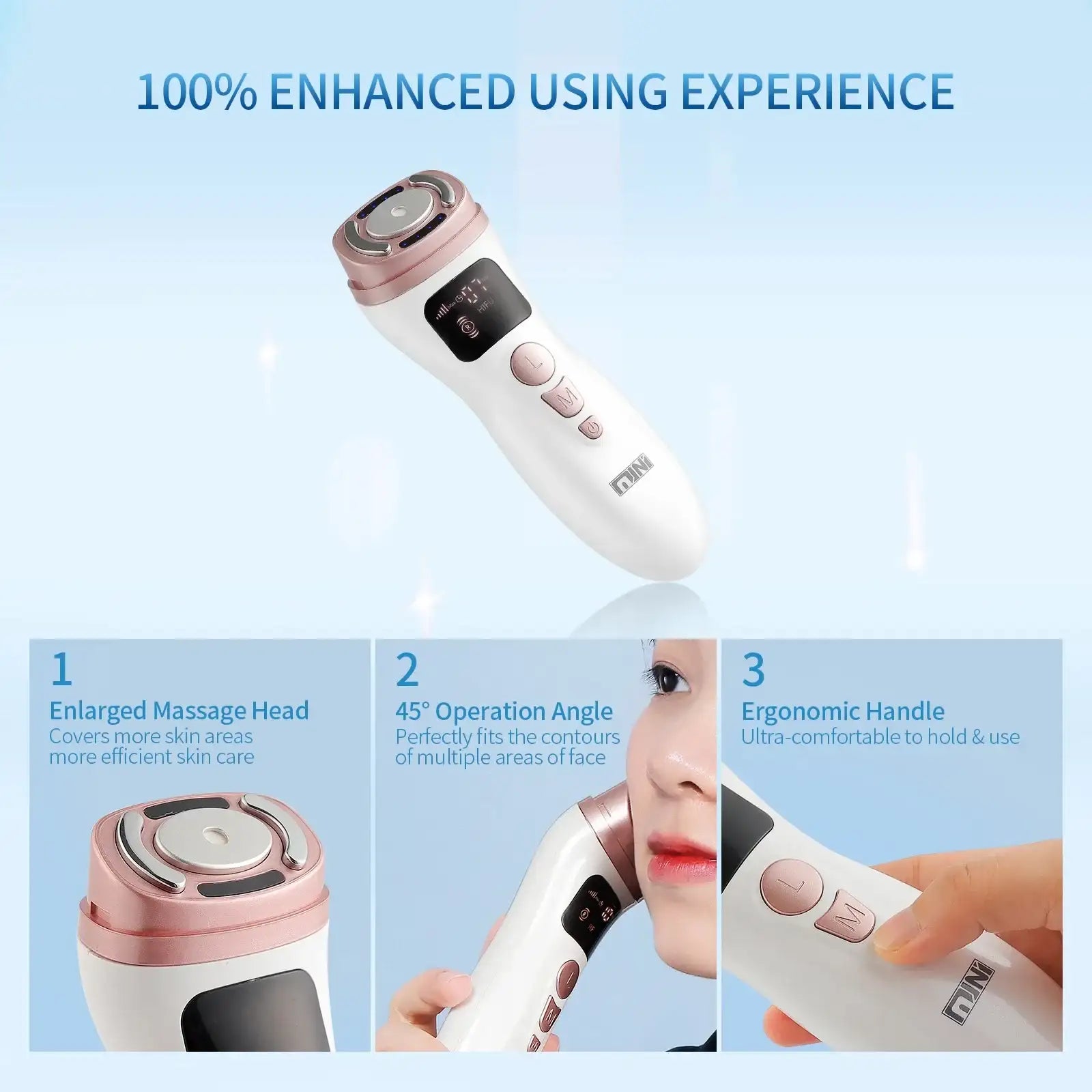 White and rose gold mini HIFU facial device with an ergonomic handle, digital display, and multi-functional head.