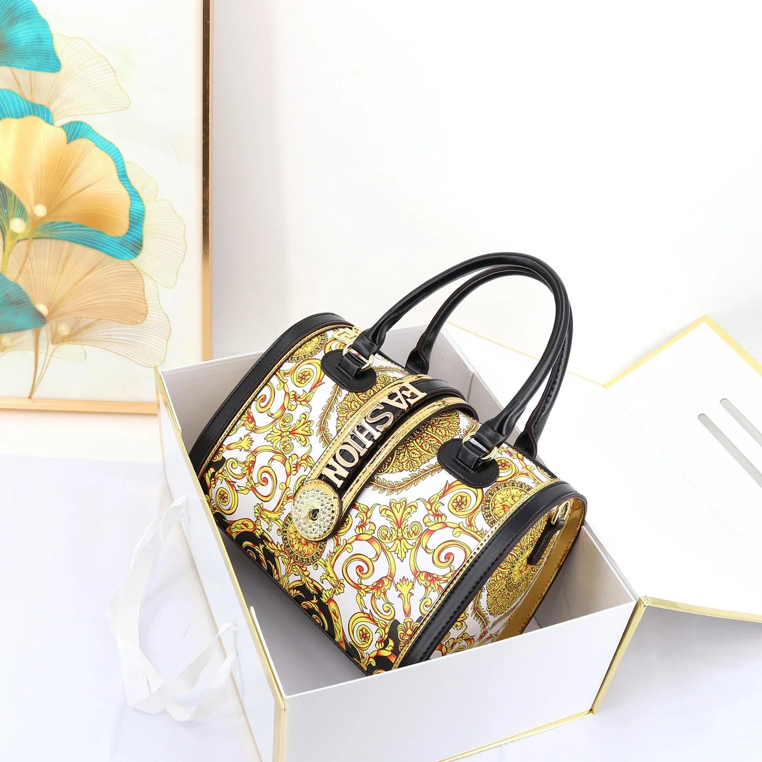 29cm designer trunk handbag featuring gold baroque print, black leather trim, and rhinestone-accented Fashion detail.