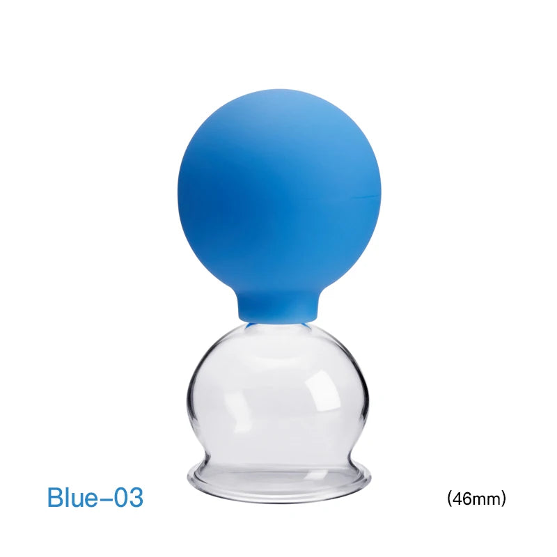 Blue vacuum cupping therapy cup with a soft silicone squeeze bulb on a clear glass 46mm suction jar.