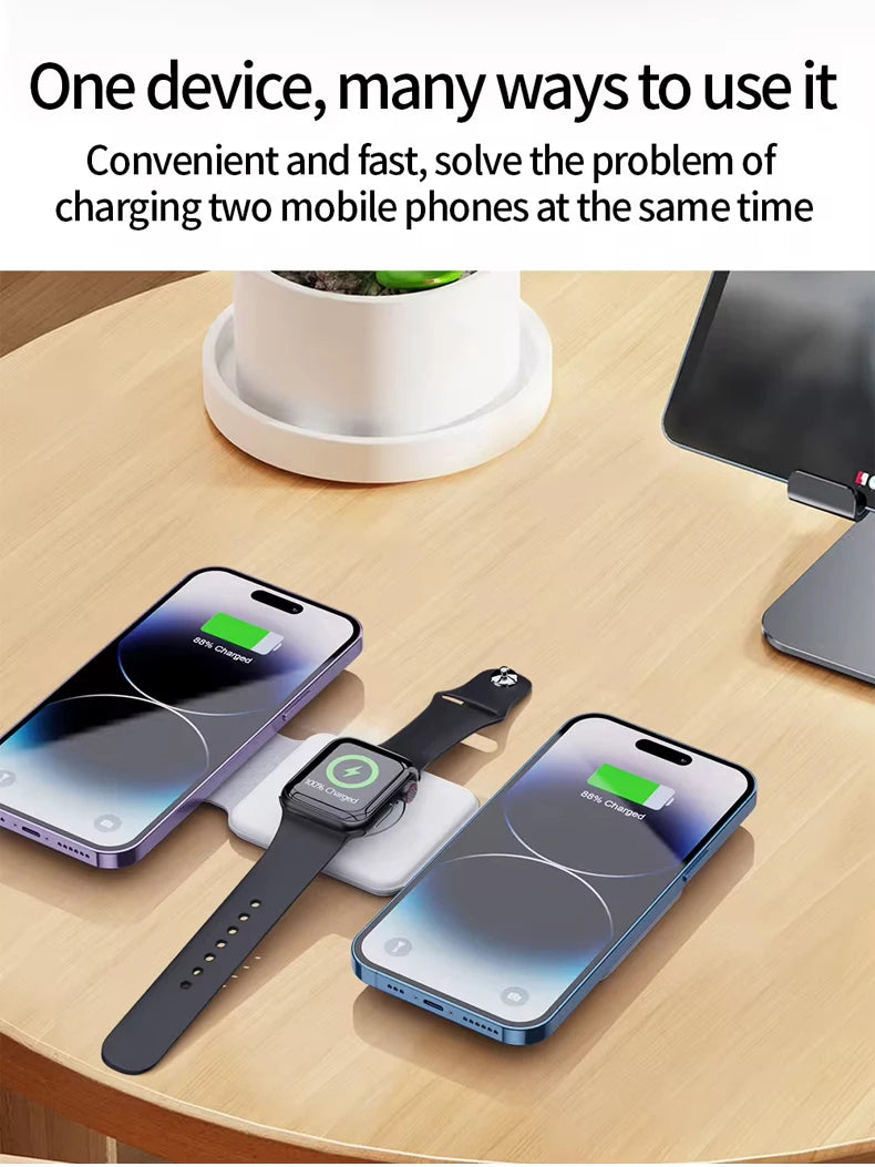 Folding Wireless Charging Pad Multifunction 3 in 1 Mini Foldable 15w Wireless Charger for Watch Airpods and Phones Tidesmit