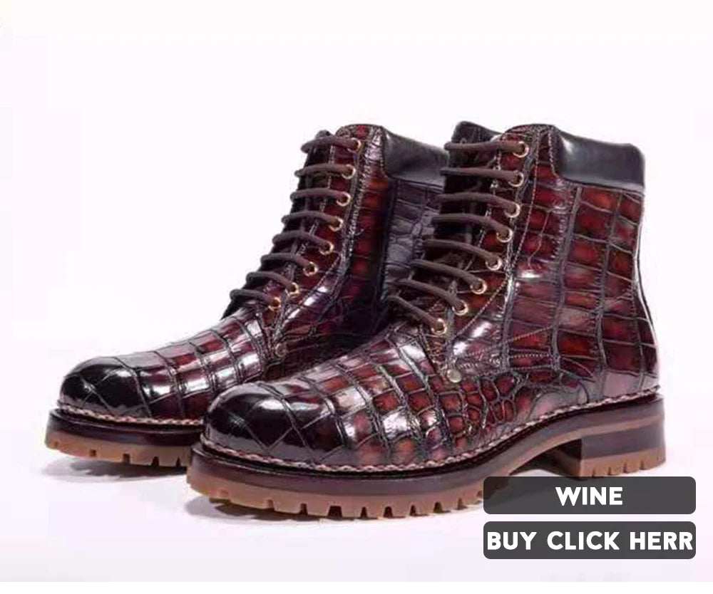 Stylish Men's Leather Boots Rubber Sole Luxury Genuine Crocodile Leather Shoes High Top Quality Ankle Boots for Men Shoes