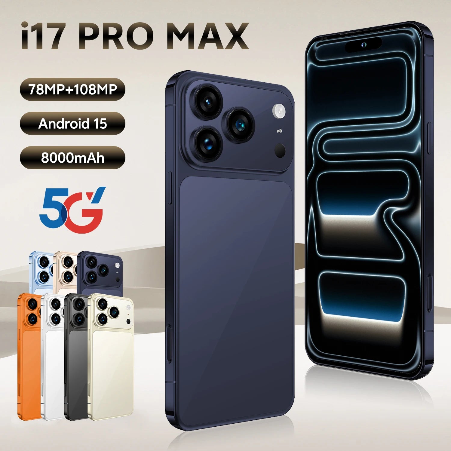 I17 Pro Max 7.3 inch smartphone with 108MP camera, 8000mAh battery, and 16GB RAM 1TB storage, Android 15