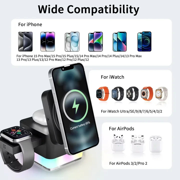 Portable 3-in-1 Multi-Function 10W/15W for Qi Wireless Charging Stand Magnetic Fast Charger Holder Flexible for iPhone 13 & 14 Tidesmit