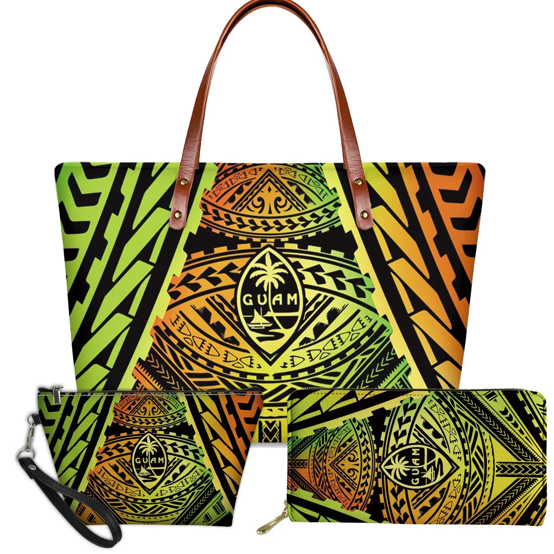 3-piece set of Guam tribal print handbags featuring green and orange gradient Polynesian patterns with brown handles.