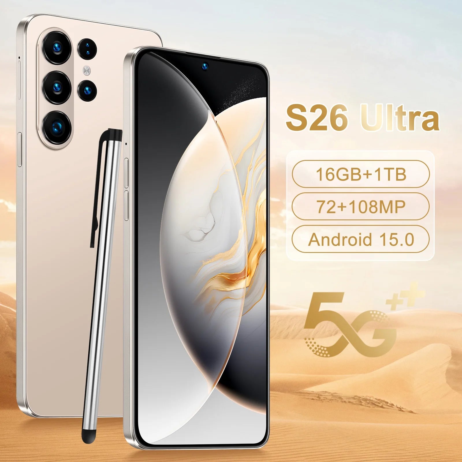 S26 Ultra 5G Smartphone: 7.3" OLED, 16GB RAM, 1TB Storage Gold 16g 1TB Tidesmit