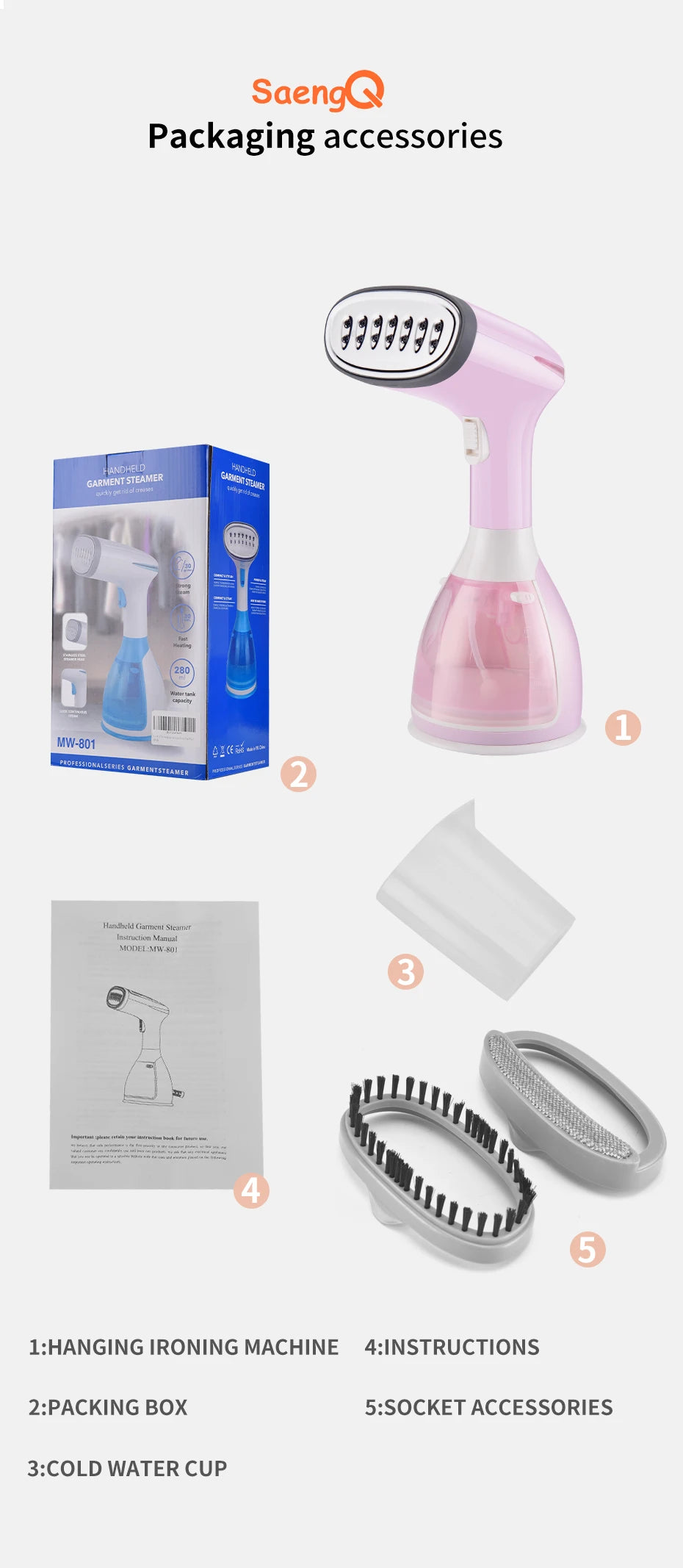Tidesmit saengQ 1500W handheld garment steamer showing 280ml water tank and compact nozzle design for fast ironing.