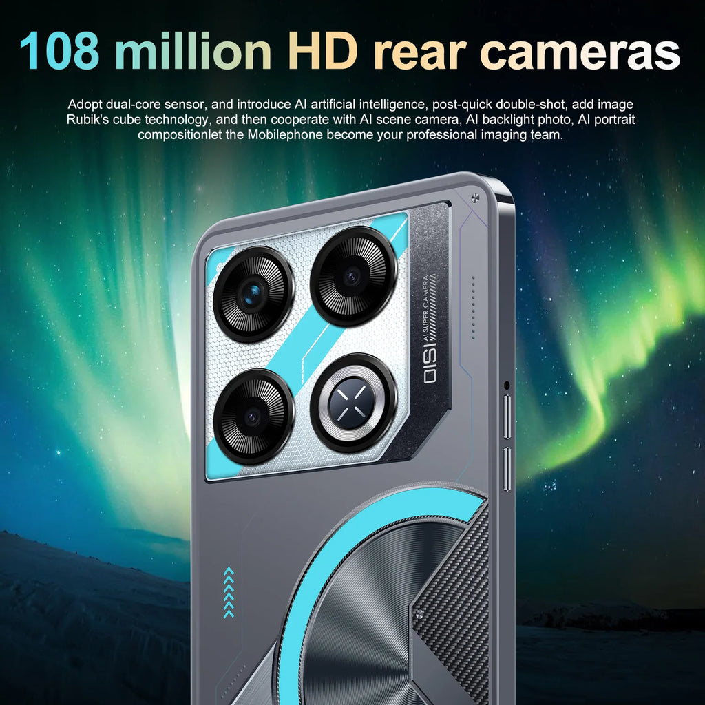 Tidesmit Gt20 Pro 7.3-inch 5G smartphone with 16GB RAM, 1TB storage, and dual high-res cameras in slim design.
