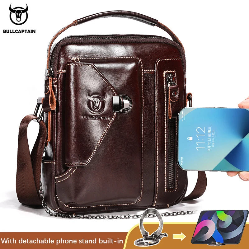 BULLCAPTAIN vintage brown cowhide leather men’s crossbody sling bag with multiple zip pockets and metal logo hardware.