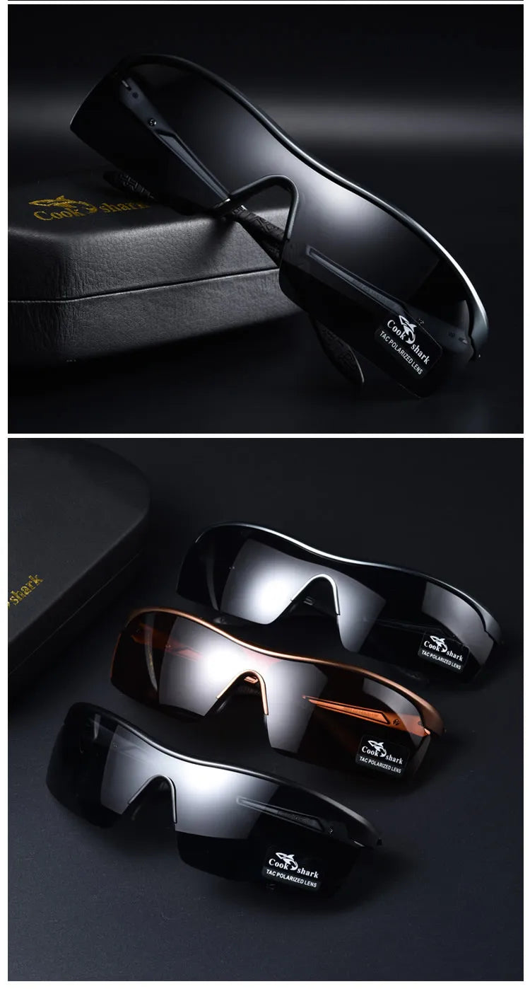 Polarized wraparound sports sunglasses in black and brown, featuring wide single-piece lenses for outdoor sun