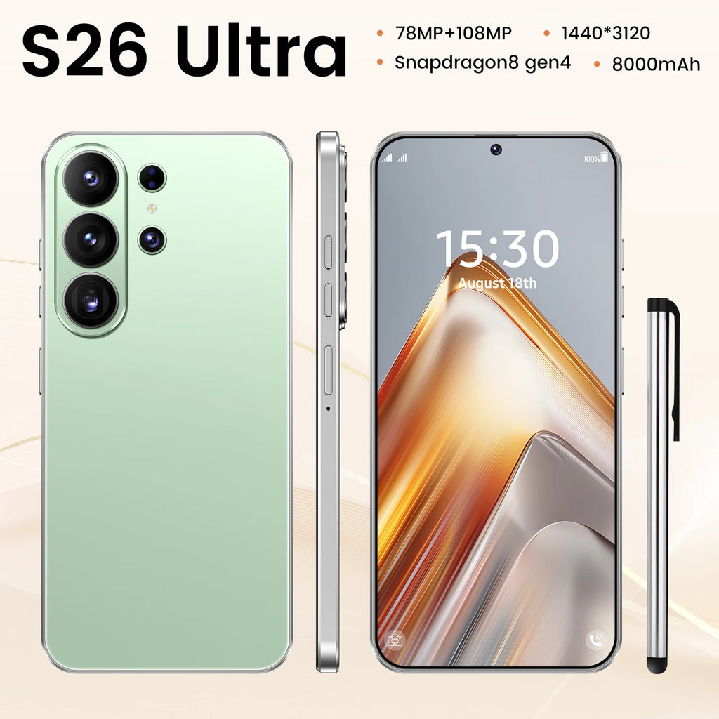 Original S26 5G smartphone with 7.3 inch HD screen, 16GB RAM, 1TB storage and 8000mAh battery, side view.