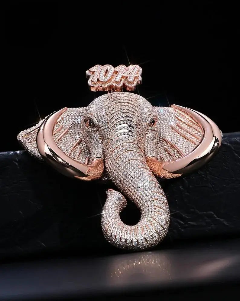 Iced Elephant Pendant Necklace Unisex Full Moissanite Sterling Silver Rose Gold Animal Design Hip Hop Party Statement Jewellery