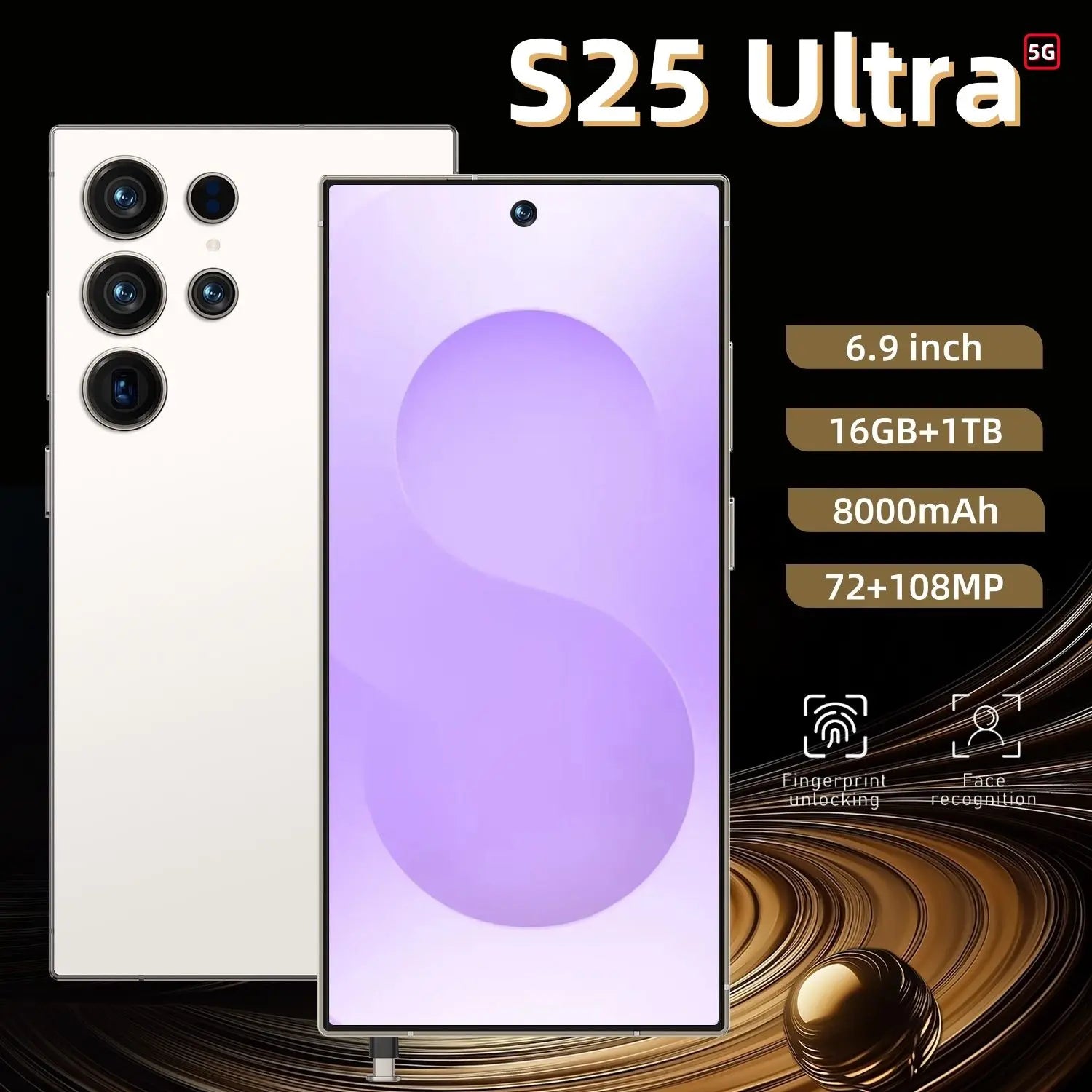 Tidesmit S25 Ultra 5G smartphone with 22GB RAM and 2TB storage, featuring HD screen and dual SIM in sleek design.