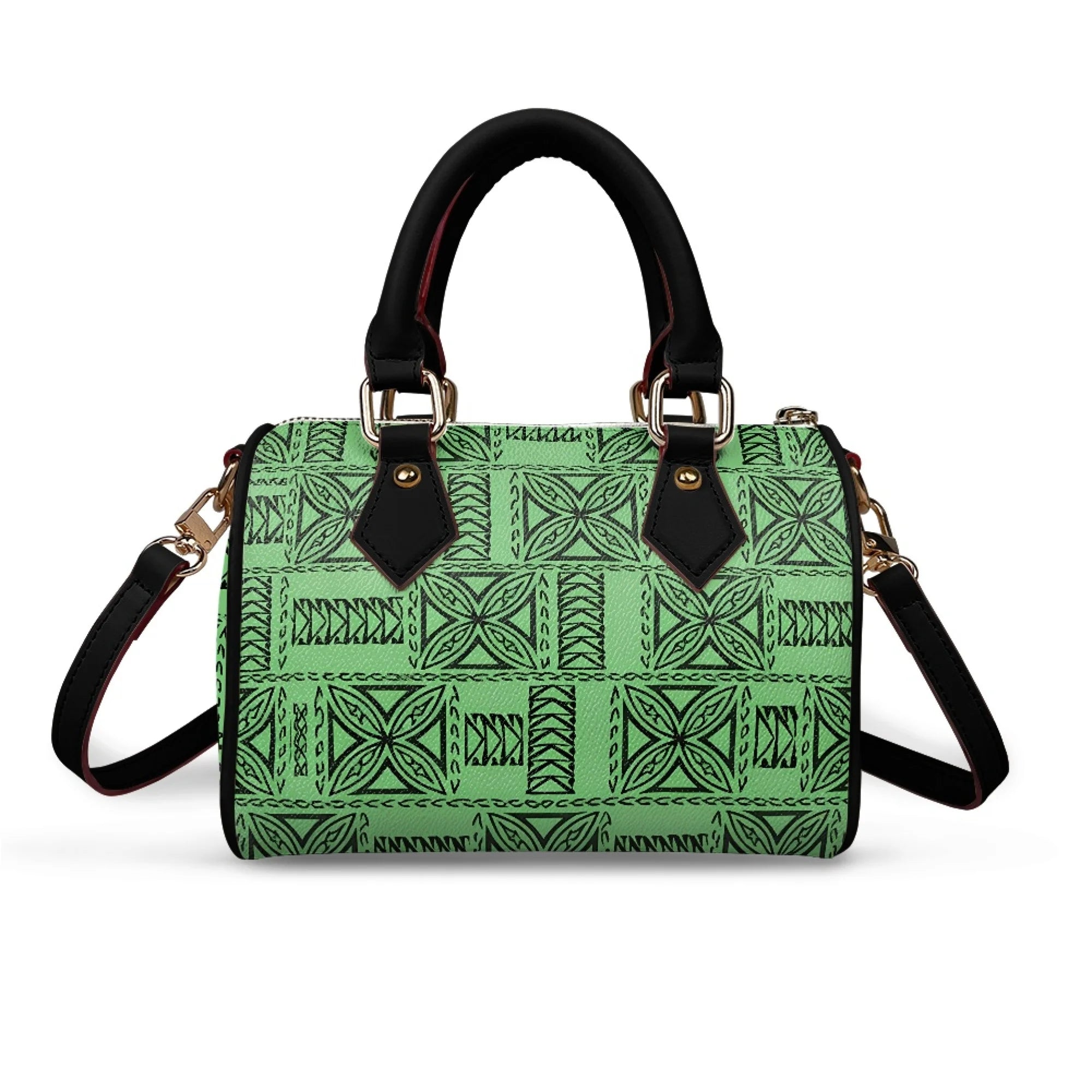 Green pillow-style handbag with black tribal print, top handles, and shoulder strap. Durable trunk-style fashion purse.