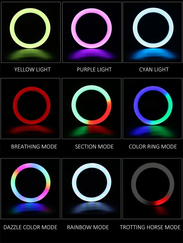 3000K-6000K 13 Inch RGB Ring Light Photography Lighting 15 Colors 33cm Color Fill Light with Mobile Phone Clip Tidesmit