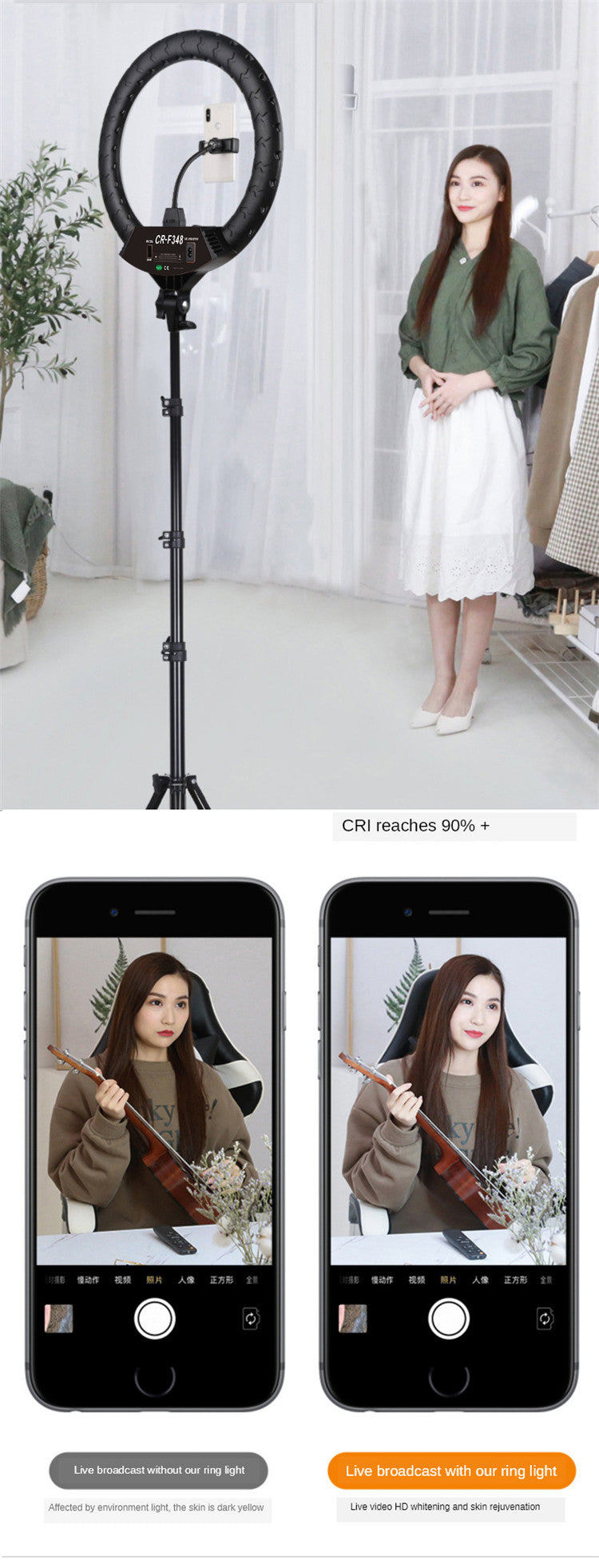 Black LED ring light on an adjustable tripod stand with a phone mount for vlogging, streaming, and portrait photography.