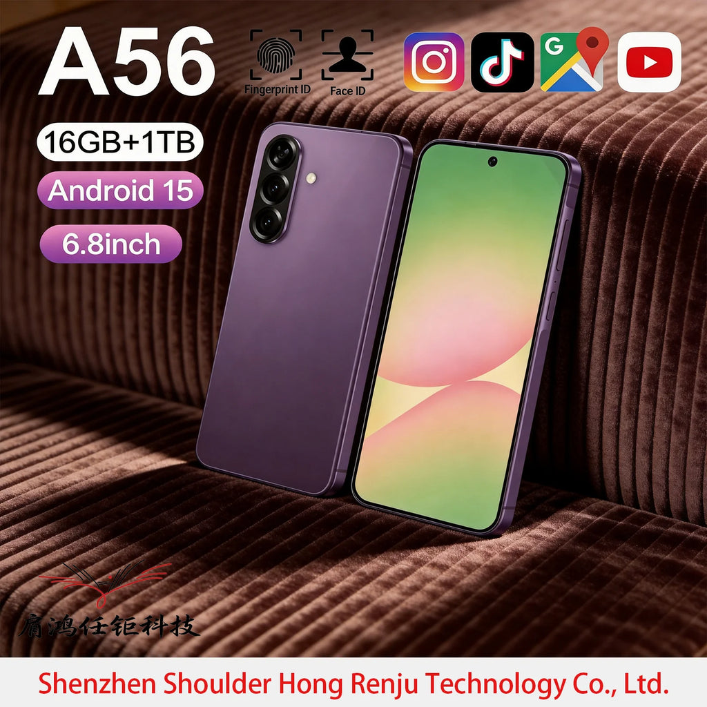 A56 5G Smartphone with 16GB RAM and 1TB storage, 108MP camera, and 7.3-inch full screen display, dual SIM global.