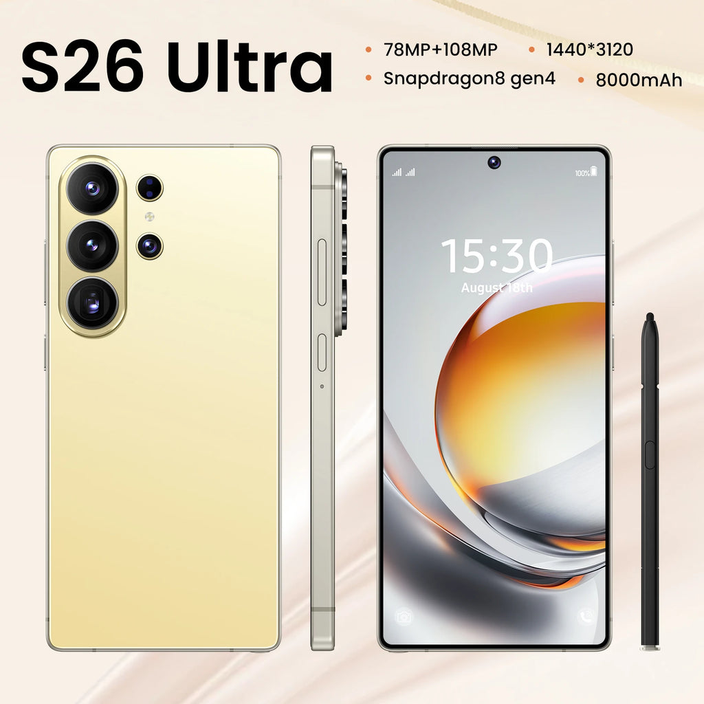 2026 S26 Ultra smartphone 7.3 inch display 16GB 1TB 5G Android 15 unlocked decacore phone back view