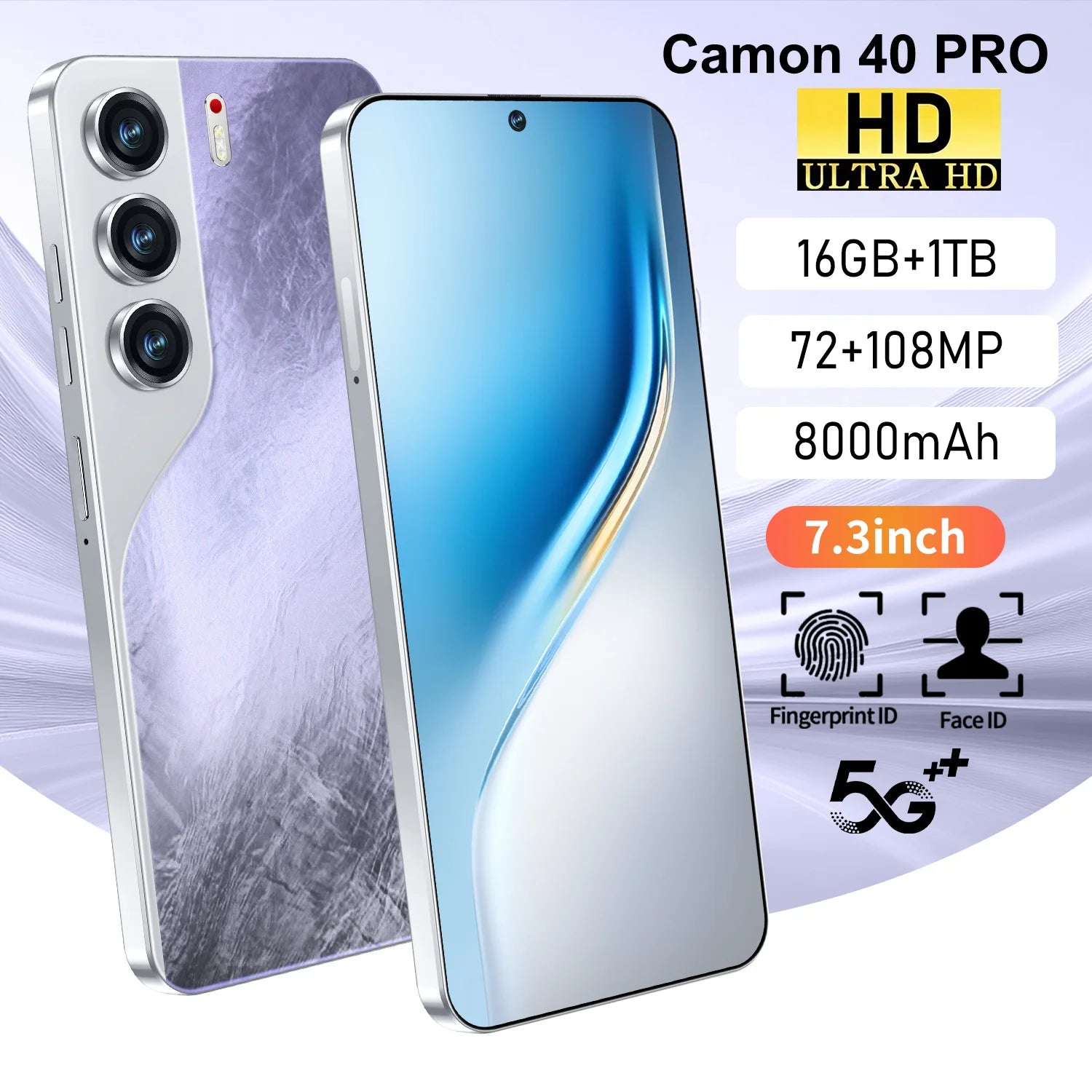 Camon 40 Pro 5G smartphone with 16GB RAM and 1TB storage featuring a 7-inch display and 108MP camera, view 6