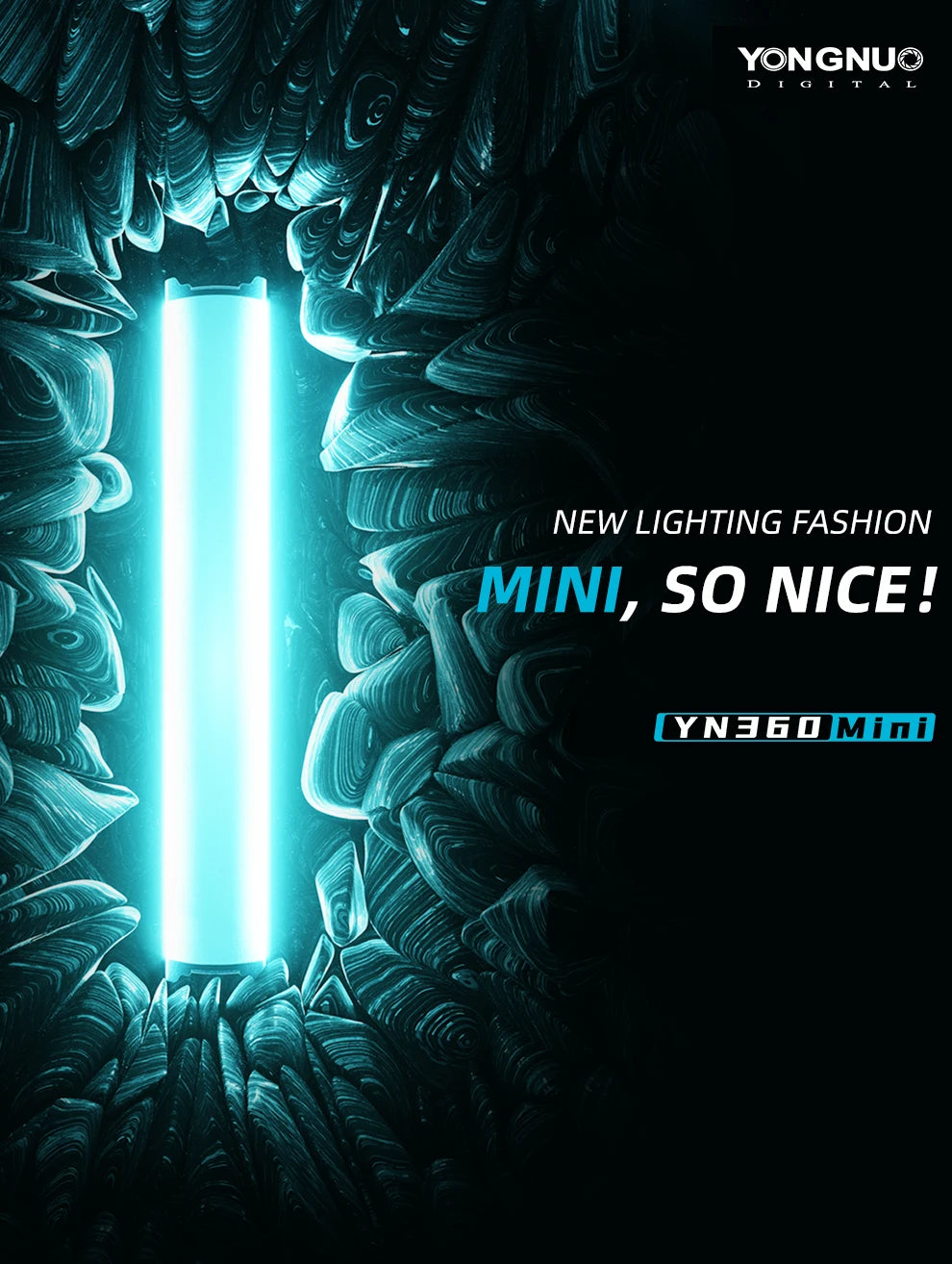 YN360 Mini LED light tube with a bright cyan glow set against a dark, textured background for photography lighting.
