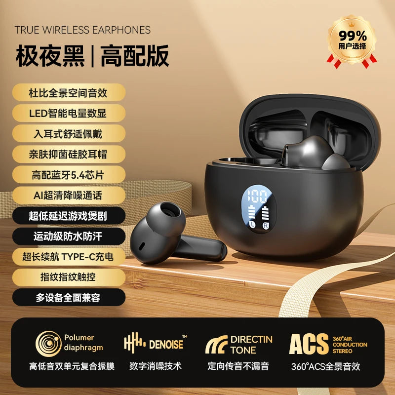 For Bluetooth In-Ear Headset LED Battery Wireless Noise Reduction Long Endurance High Sound Quality for Sports Running black Tidesmit