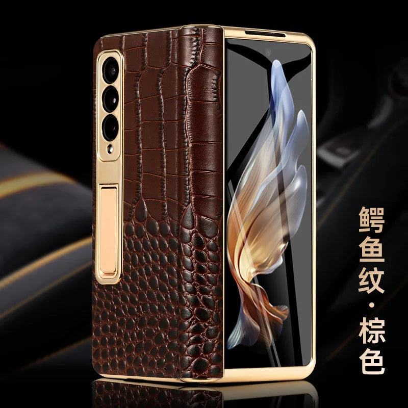 For Samsung Galaxy ZFold 6 Z Fold 5 Crocodile Genuine Leather Electroplated Hinge Full Protective Case Tempered Screen Protector brown1 OPP Bag Tidesmit