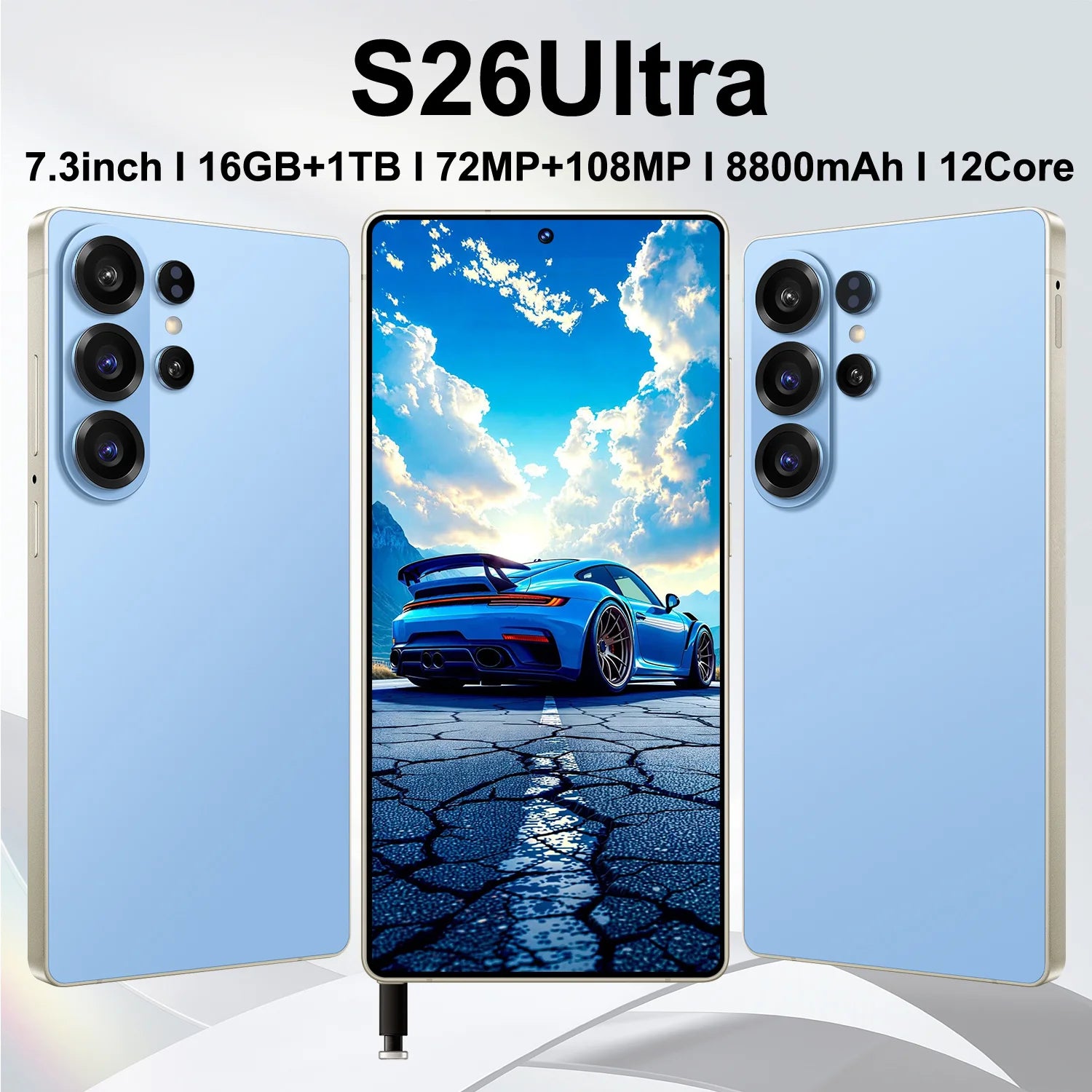 S26 Ultra 5G smartphone with 7.3-inch display, 16GB RAM, 1TB storage, 108MP camera, and built-in pen.
